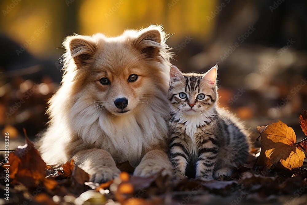 Fototapeta premium cute dog and cat in autumn park. 