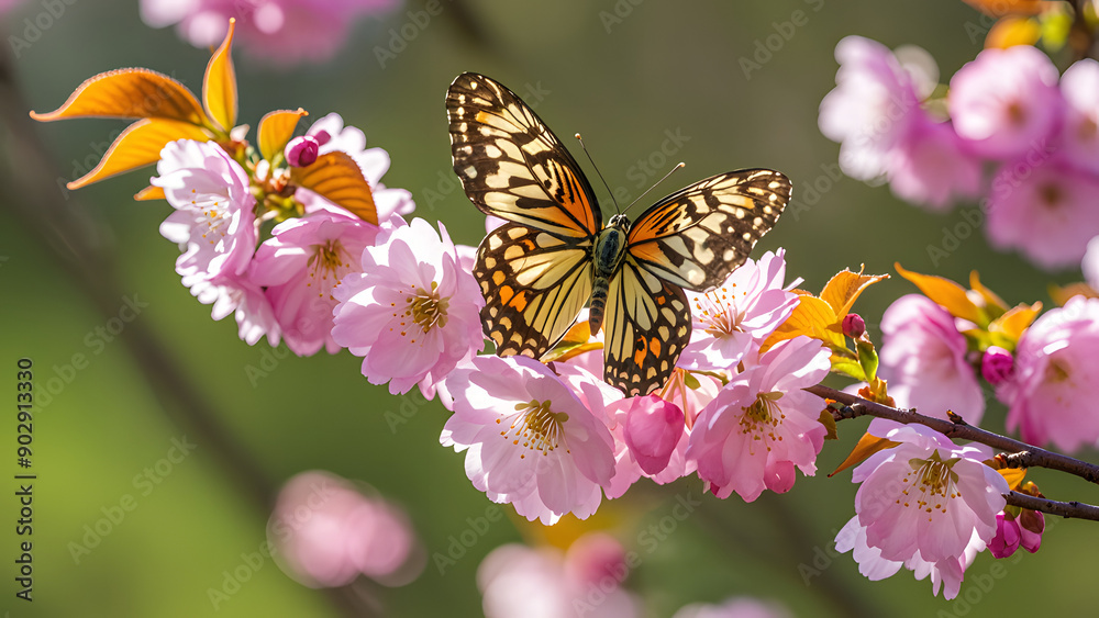 Serene Spring Blossoms: Macro Sakura Flowers & Butterflies in Nature