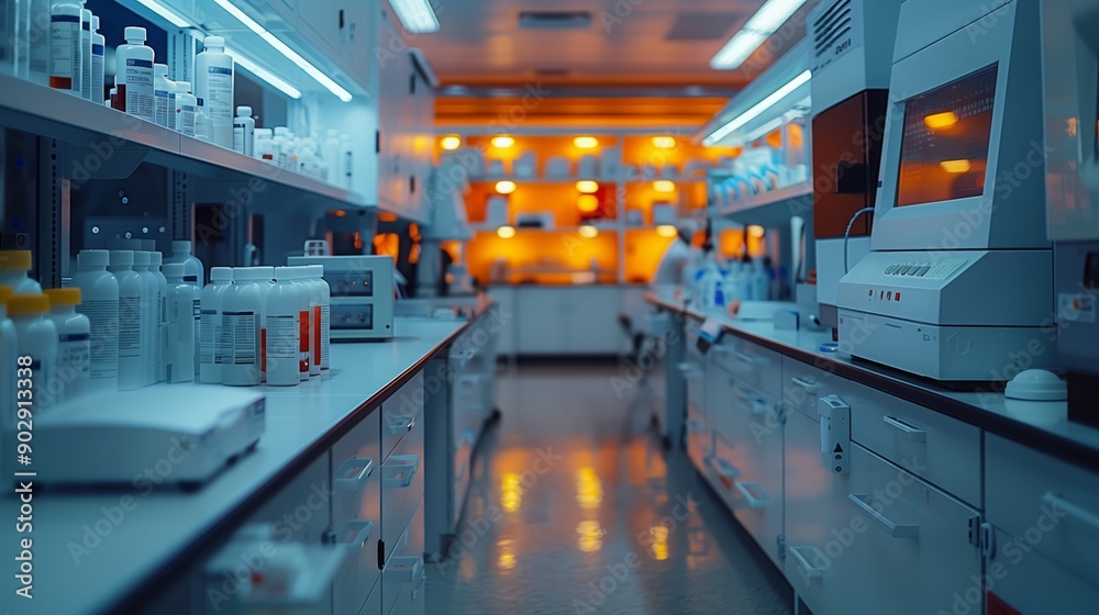 A long, narrow laboratory with white walls and countertops, featuring a high-tech machine on the right side. A long, narrow laboratory with white walls and countertops, featuring a high-tech machine on the right side.