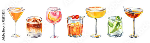 Set of watercolor hand painted summer aperitif cocktails glass simple sketch illustration on white background DIY elements for bar menu social media ads and posters