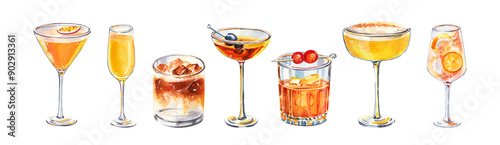 Set of watercolor hand painted summer aperitif cocktails glass simple sketch illustration on white background DIY elements for bar menu social media ads and posters