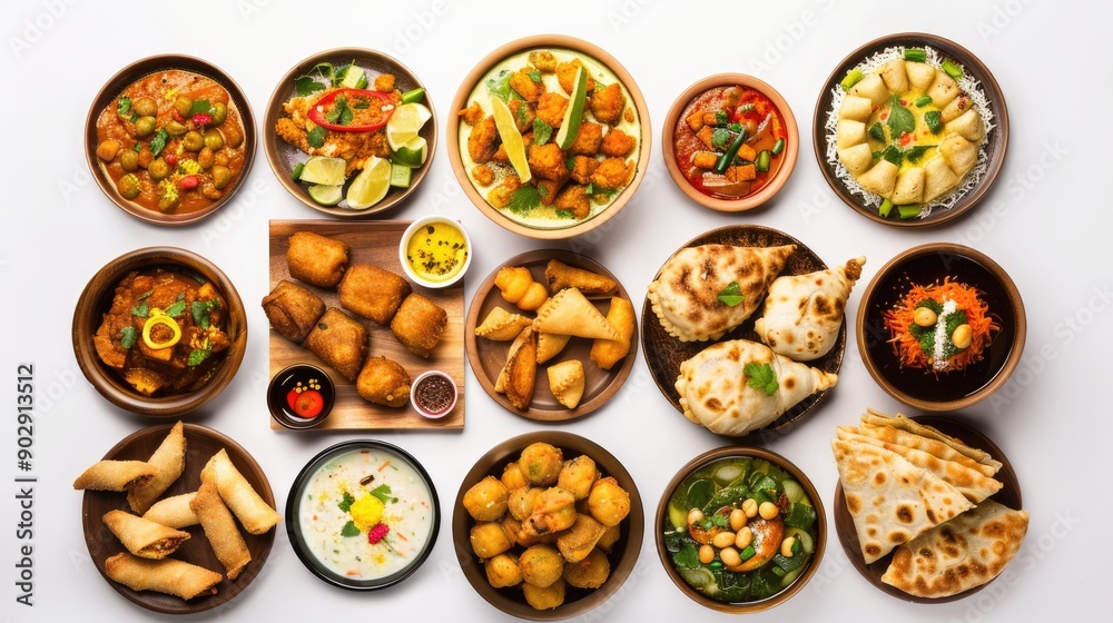 Top view of an assortment of Indian dishes including curry, samosa, rolls, pani puri, and pakora on a white background. Ideal for Ramadan Iftar food collage. Top view of an assortment of Indian dishes including curry, samosa, rolls, pani puri, and pakora on a white background. Ideal for Ramadan Iftar food collage.