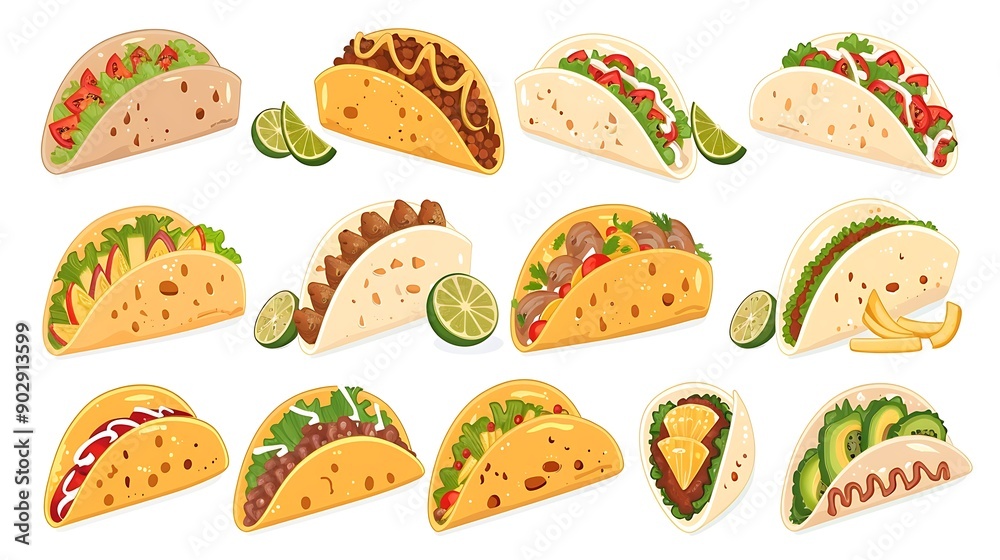 Set of 12 Delicious Tacos with Different Toppings - Mexican Food Illustration. Set of 12 Delicious Tacos with Different Toppings - Mexican Food Illustration.