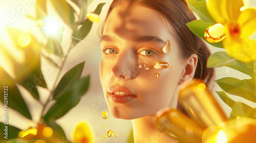 Elegant 3D Visualization of Radiant Skin Featuring 5-HTP Extract and a Selection of 5-HTP Supplements with Herbal Accents for Wellness Promotion photo