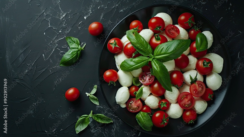 Top view of mozzarella, basil, and cherry tomatoes on a black plate. Ideal for food styling with ample copy space. Top view of mozzarella, basil, and cherry tomatoes on a black plate. Ideal for food styling with ample copy space.