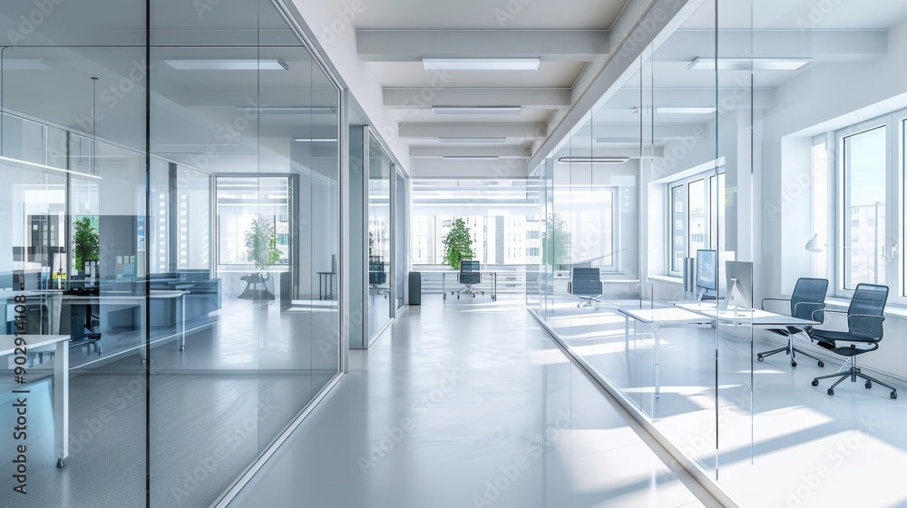 Fototapeta premium Modern Glass Office Interior with Window Views.