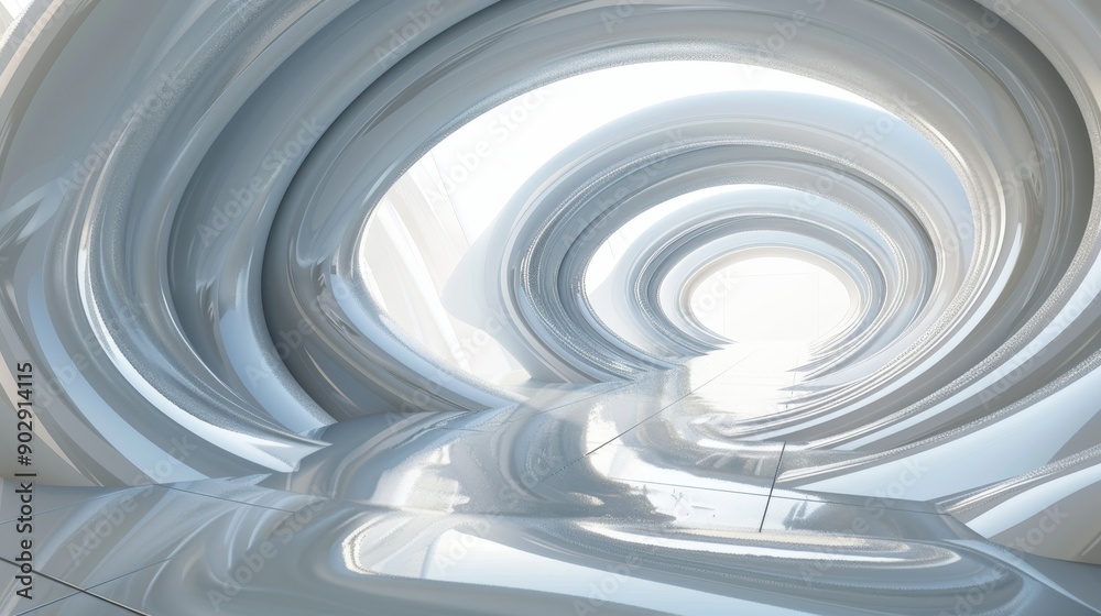 Fototapeta premium Futuristic abstract tunnel with smooth curving lines in soft white and gray tones, creating a modern and sleek visual experience.