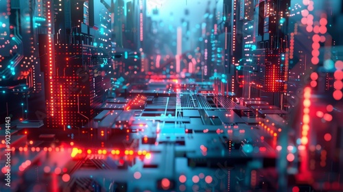 Futuristic digital cityscape with glowing neon lights, representing advanced technology, data flow, and cybernetic infrastructure. © Aris Suwanmalee