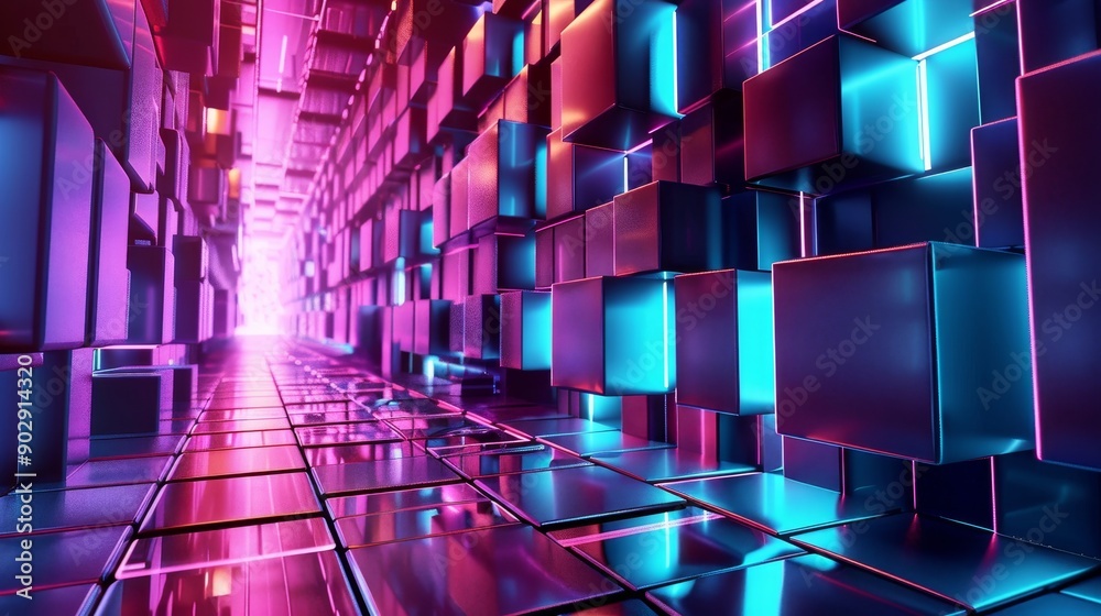 A vibrant neon-lit futuristic tunnel with reflective surfaces and geometric shapes creates a dynamic and immersive digital environment.