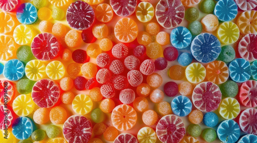 Top-down view of a kaleidoscope of colorful candies arranged in a vibrant, sugary background. Perfect for candy and dessert imagery.