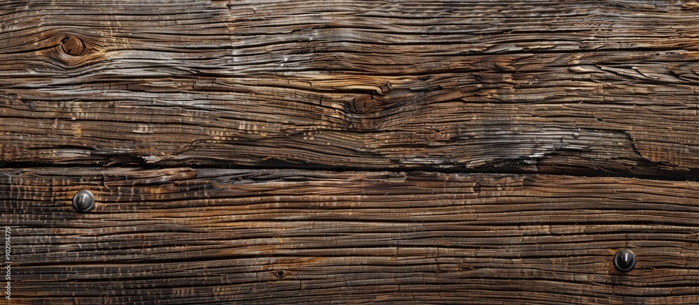 Fototapeta premium A horizontal close up view showcasing a weathered brown wood surface with visible scratches and nails providing detailed texture in a copy space image