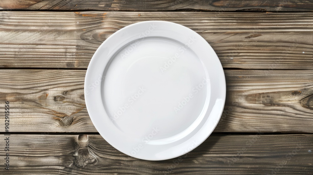 White porcelain plate on a wooden background from above. Perfect for adding text or showcasing culinary creations. White porcelain plate on a wooden background from above. Perfect for adding text or showcasing culinary creations.