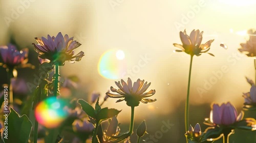 Summer wild flowers in the meadow on evening sunset light with water drops on petals after heavy rain.
 photo