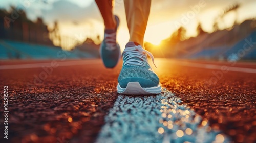 A person is running on a track with a bright orange shoe. The sun is setting in the background, casting a warm glow on the scene