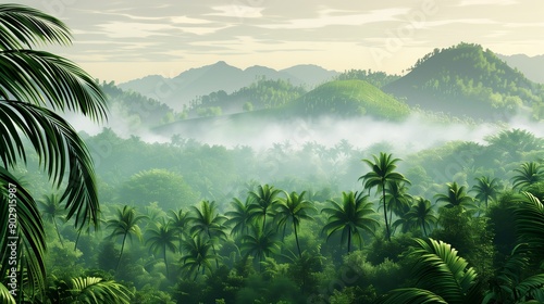 Paesaggio lussureggiante di foresta tropicale verde con montagne nebbiose su sfondo bianco. Ideale per rappresentare la bellezza e la diversità della natura esotica e incontaminata. photo