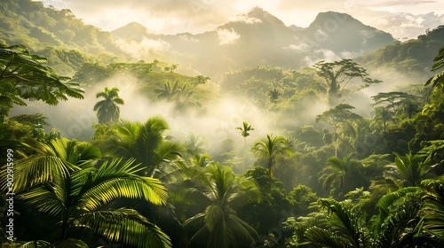 Paesaggio lussureggiante di foresta tropicale verde con montagne nebbiose su sfondo bianco. Ideale per rappresentare la bellezza e la diversità della natura esotica e incontaminata.