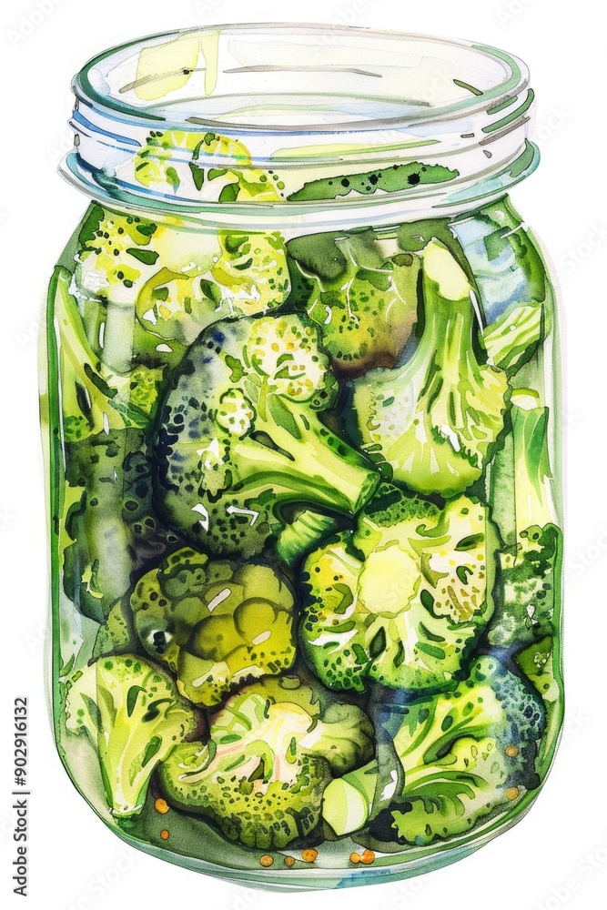 Organic Preserved Broccoli in Glass Jar. Hand-drawn Watercolor Illustration of Pickled Vegetable for Healthy Cooking Organic Preserved Broccoli in Glass Jar. Hand-drawn Watercolor Illustration of Pickled Vegetable for Healthy Cooking