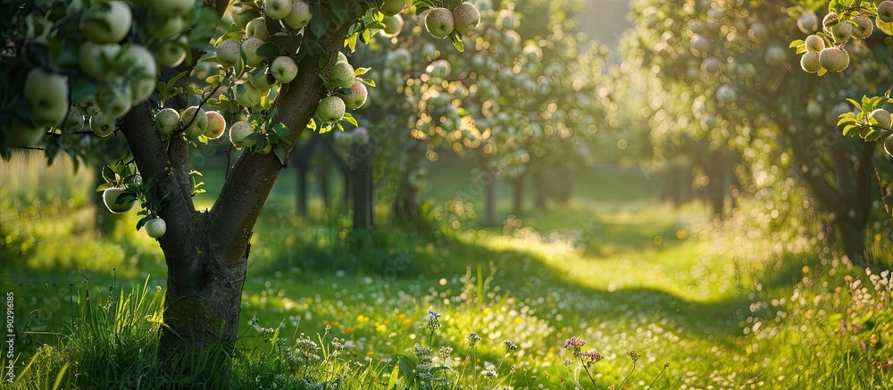 Fototapeta premium Lush apple trees in bloom in the garden with space for text alongside the image. Creative banner. Copyspace image