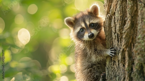 A baby raccoon climbing a tree, morning sunlight