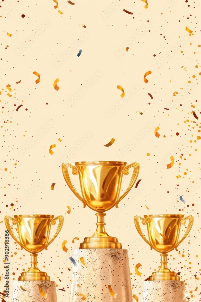A row of gold cups with gold confetti falling around them. The cups are arranged in a row, with the first cup on the left and the last cup on the right A row of gold cups with gold confetti falling around them. The cups are arranged in a row, with the first cup on the left and the last cup on the right