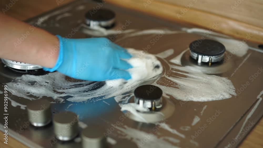 A man wearing gloves carefully washes a dirty gas stove in the kitchen. A man wearing gloves carefully washes a dirty gas stove in the kitchen.