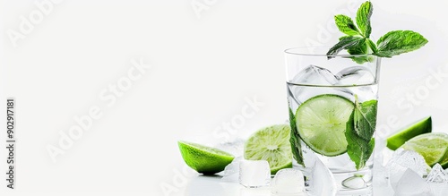 Transparent alcohol in a glass with lime and mint leaves against a white background with empty space for text or other elements in the image. Creative banner. Copyspace image photo