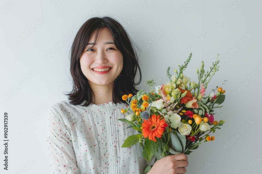 花束を持っている笑顔の日本人女性（母の日・結婚記念日・記念日・誕生日・デート）