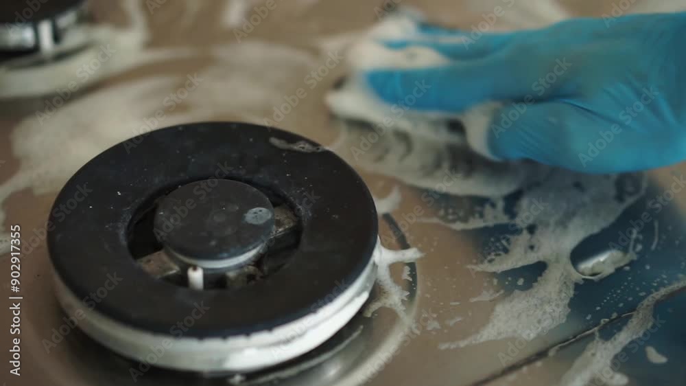 A man cleans the stove in the kitchen. Housekeeping concept.
Cleaning greasy stains on the stove A man cleans the stove in the kitchen. Housekeeping concept.
Cleaning greasy stains on the stove