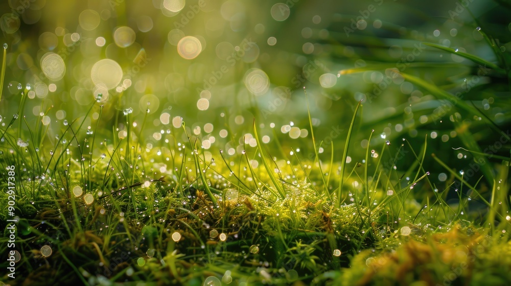 Dew covered moss and grass backdrop