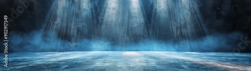 Mystical stage with beams of light shining through mist, creating an ethereal atmosphere for performances or artistic presentations.