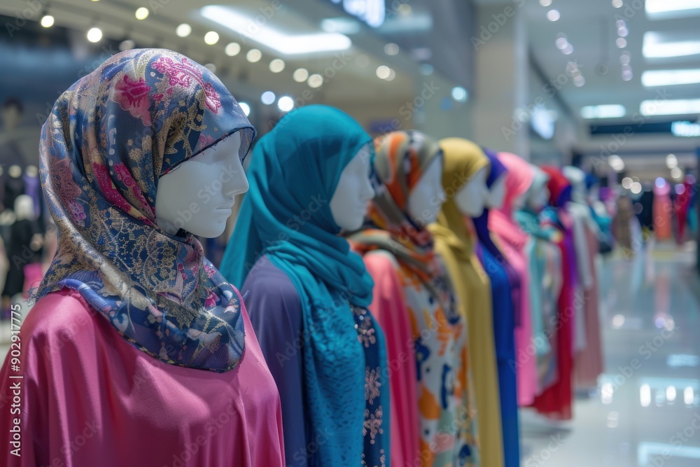 Obraz premium A collection of modern Islamic fashion items displayed on mannequins in a shopping mall