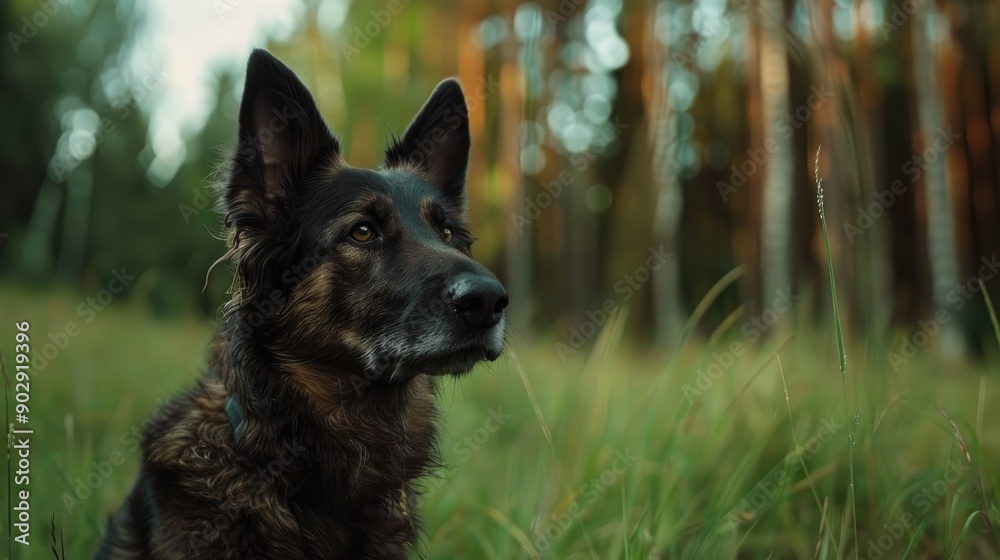Dog sitting in grass with forest backdrop closeup of black and brown dog ears