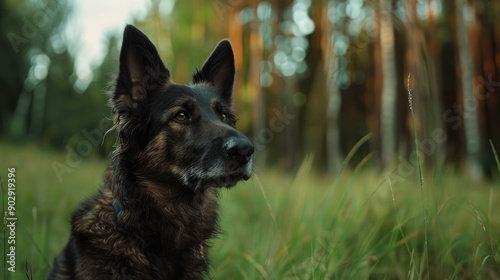 Dog sitting in grass with forest backdrop closeup of black and brown dog ears