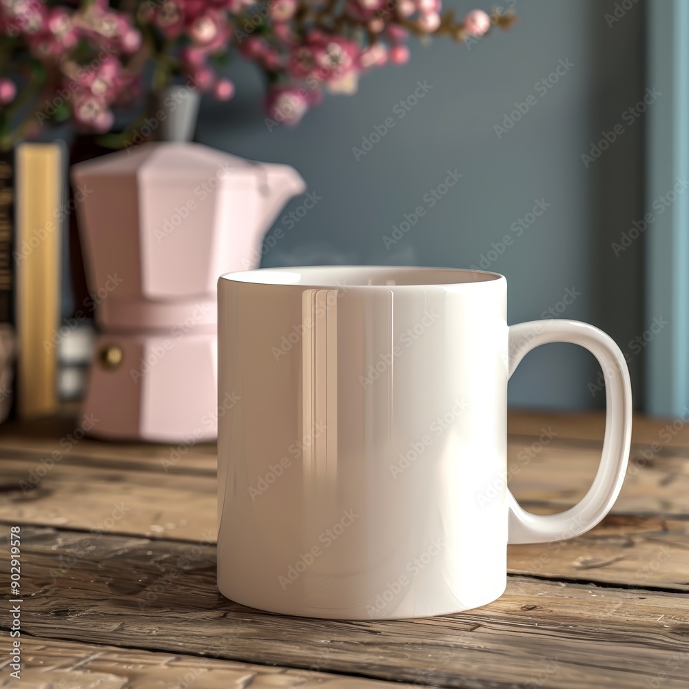 White ceramic mug on a rustic wooden table with a pink coffee pot and flowers in the background. White ceramic mug on a rustic wooden table with a pink coffee pot and flowers in the background.