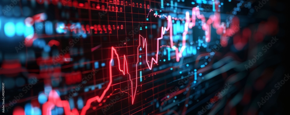 Dynamic stock market graph with red and blue lines, showcasing financial trends and analysis on a digital screen. Dynamic stock market graph with red and blue lines, showcasing financial trends and analysis on a digital screen.