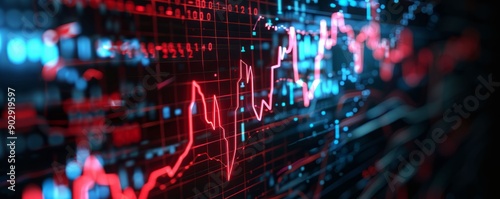 Dynamic stock market graph with red and blue lines, showcasing financial trends and analysis on a digital screen.