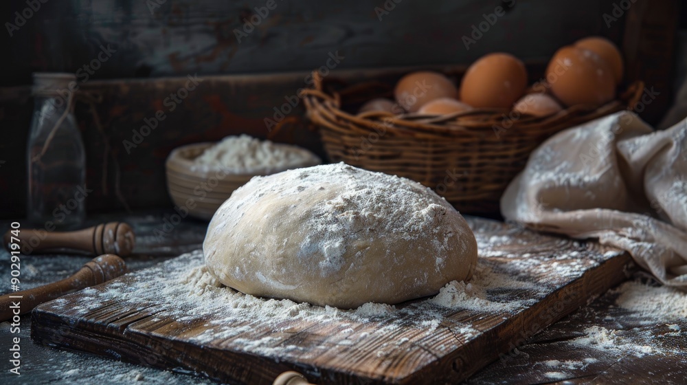 Dough on wooden board with flour under light Toned Dough on wooden board with flour under light Toned