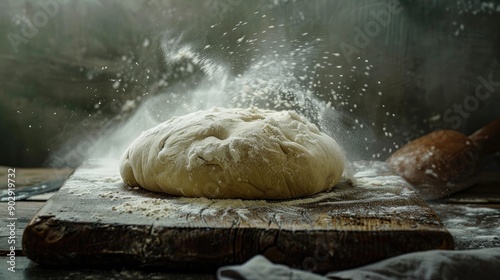 Dough on wooden board with flour under light Toned