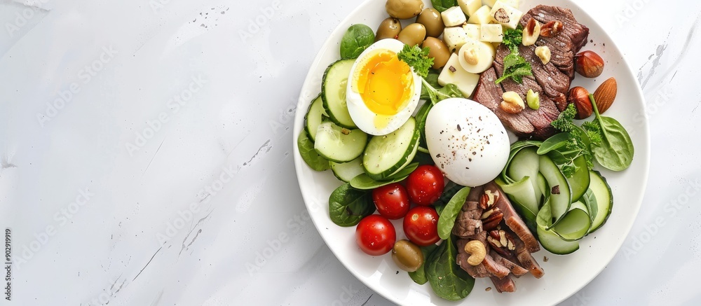 Top view of a keto brunch with a boiled egg pork steak olives cucumber spinach brie cheese nuts and tomato in a copy space image Top view of a keto brunch with a boiled egg pork steak olives cucumber spinach brie cheese nuts and tomato in a copy space image
