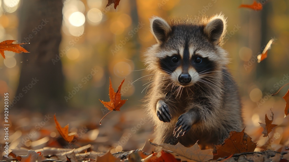 A baby raccoon playing with leaves in the morning sun A baby raccoon playing with leaves in the morning sun