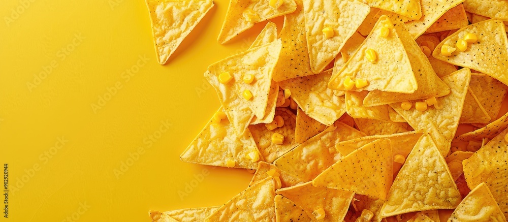 Top view flat lay of Mexican nachos snack on yellow background with copy space image Top view flat lay of Mexican nachos snack on yellow background with copy space image