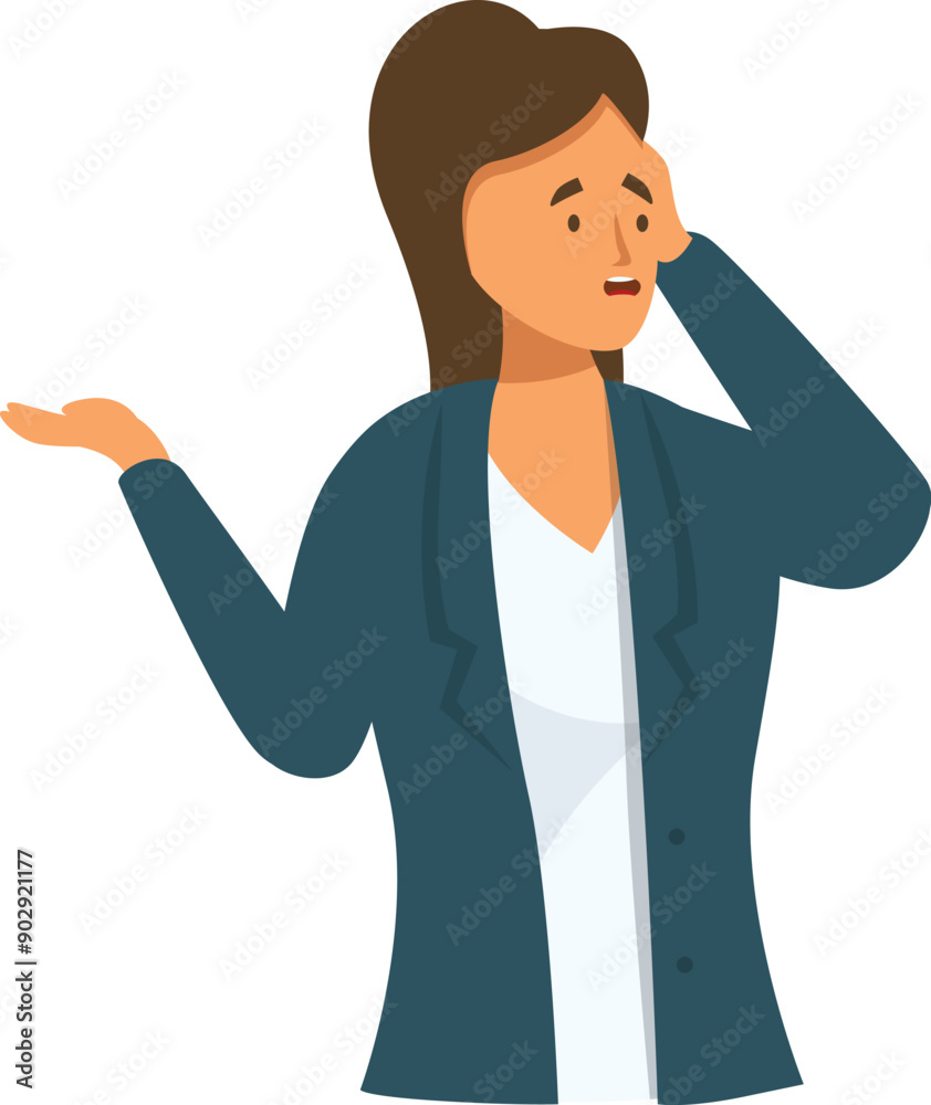 Businesswoman is experiencing stress and confusion, touching her head with her hand while gesturing with the other Businesswoman is experiencing stress and confusion, touching her head with her hand while gesturing with the other
