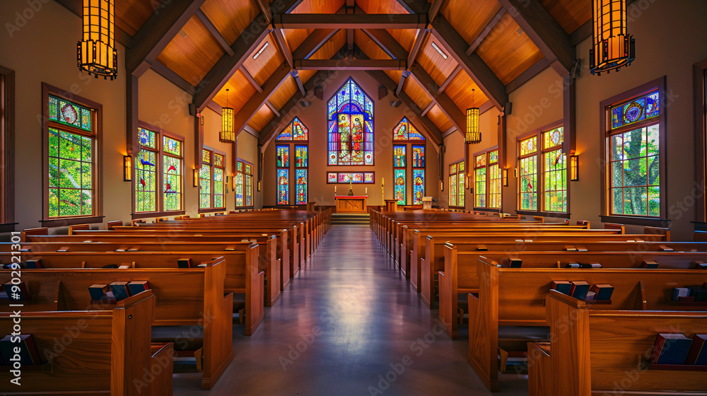 Fototapeta premium Sunlight streaming through stained glass windows illuminating empty wooden pews in a church