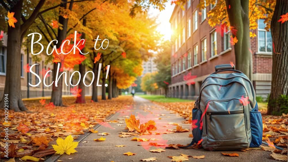 Autumn Back to School Video Background with Falling Leaves and School Backpack. Scenic Alleyway and School Building for September 1st, Start of the School Year