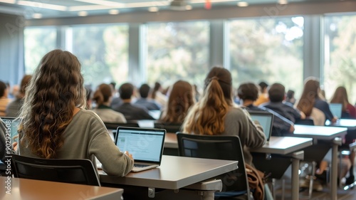 Students attending a lecture in a modern classroom, taking notes on laptops, with large windows providing natural light.