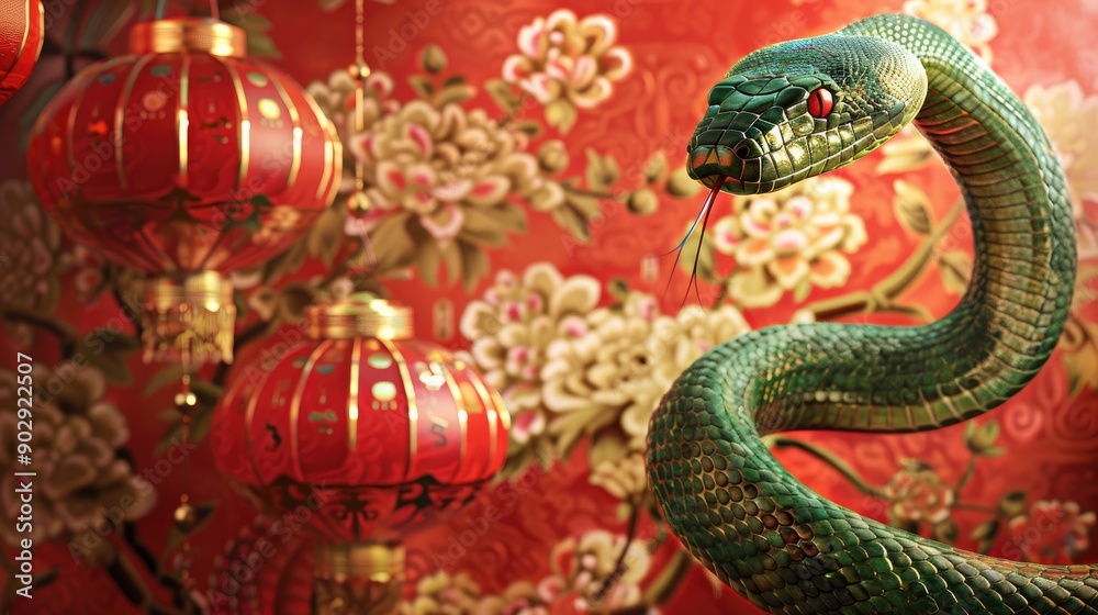 Green snake elegantly coiled against a festive red and gold backdrop adorned with lanterns and traditional patterns, embodying the spirit of Chinese New Year. Green snake elegantly coiled against a festive red and gold backdrop adorned with lanterns and traditional patterns, embodying the spirit of Chinese New Year.