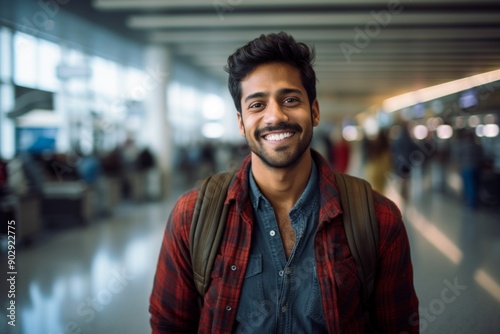 Portrait of a blissful indian man in his 20s wearing a comfy flannel shirt in front of bustling airport terminal photo