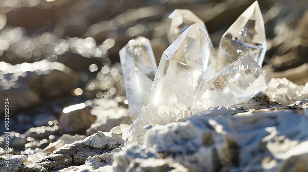 Sparkling Clear Quartz Crystals on White Rock Sparkling Clear Quartz Crystals on White Rock