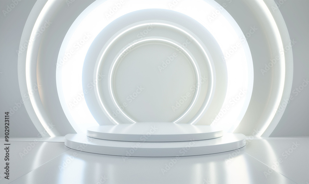 Fototapeta premium Modern Circular White Stage with Illuminated Backdrop in a Clean Room for Product Displays