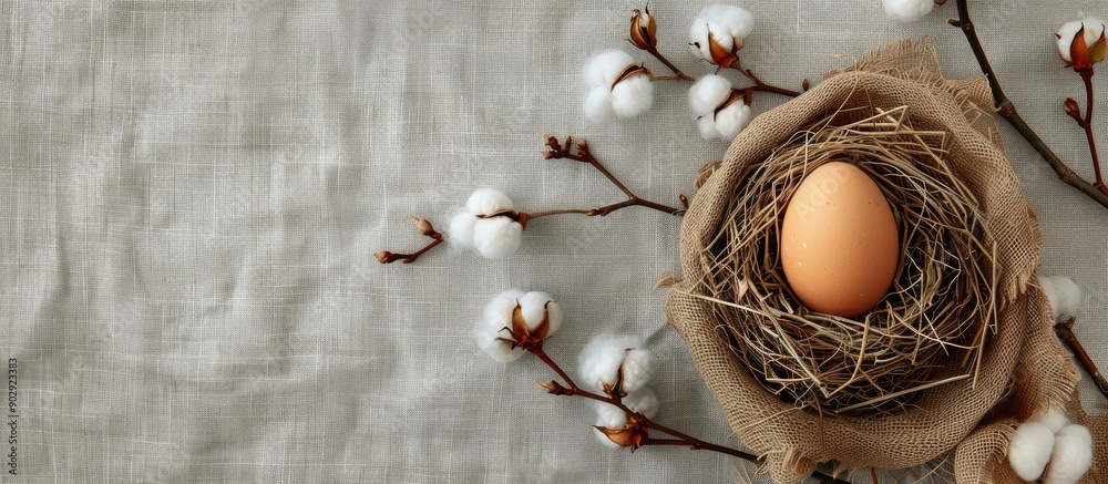 Naklejka premium Top view of Easter themed decoration featuring an egg nestled in a nest and cotton on a textured rustic linen canvas background Perfect for a spring greeting card with copy space image